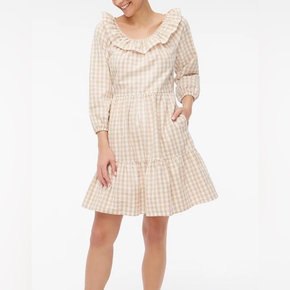 J. Crew Seersucker Gingham Mini Dress Brown White Cottagecore Prairie Sz 12 NWT